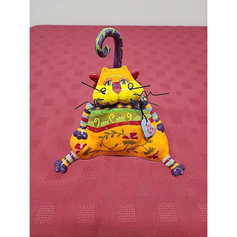 Catitudes By Joyce Shelton "Angel Puss" Ceramic Wire Whiskers Cool Cat Flawed